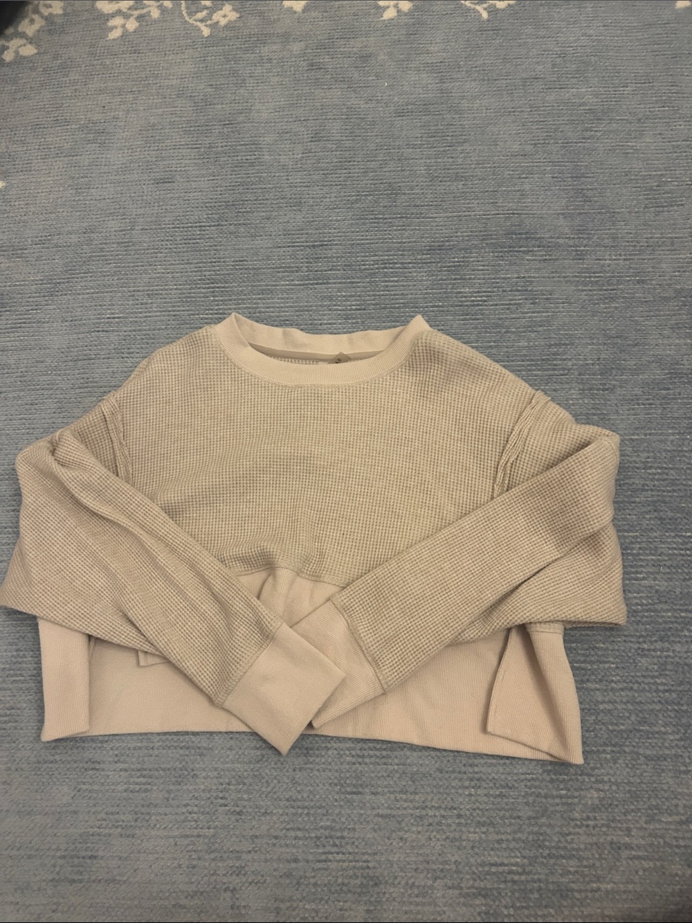 Cropped Waffle-Knit Crewneck Sweater in Cream